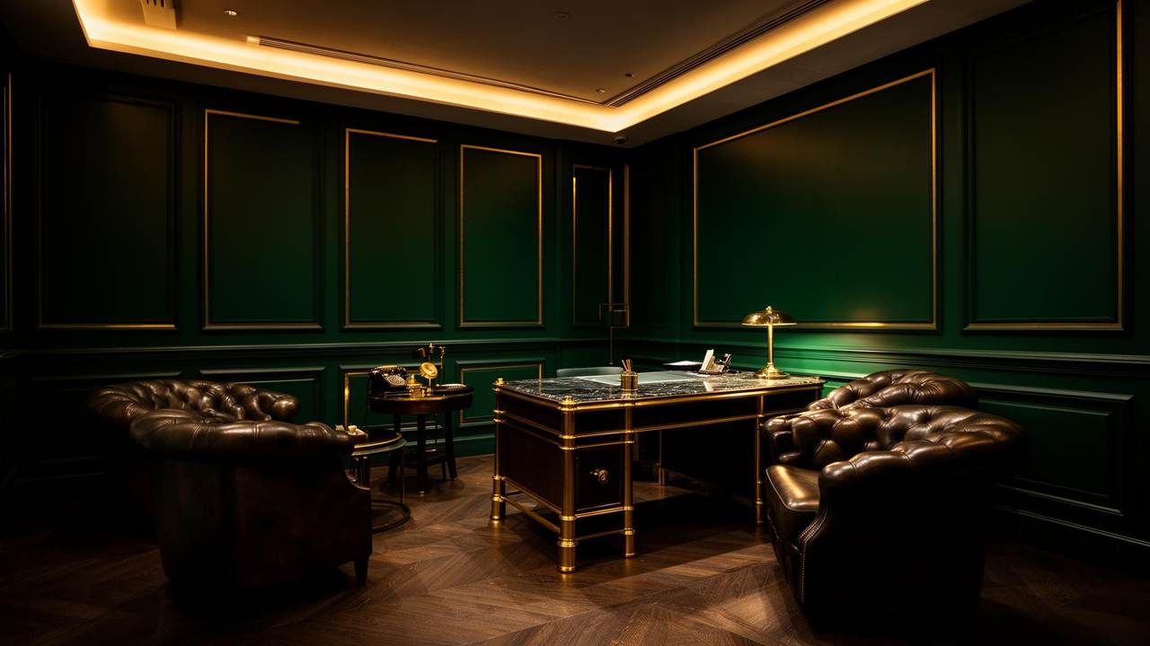 A stately executive office with deep green paneled walls, gold trim, a brass-trimmed desk, and tufted leather chairs